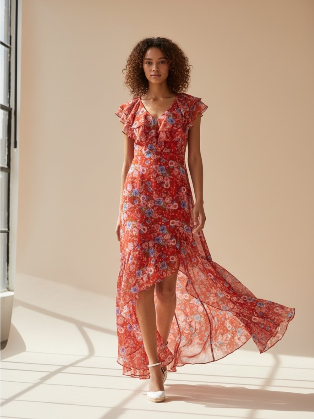 WAYF Red Floral Ruffle High-Low Maxi Dress | Size M | EUC